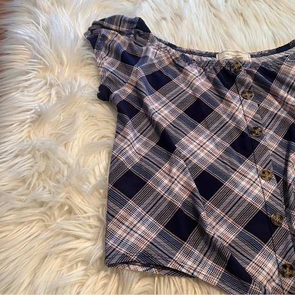 No Comment Off Shoulder Top Navy Plaid - Picture 4 of 11